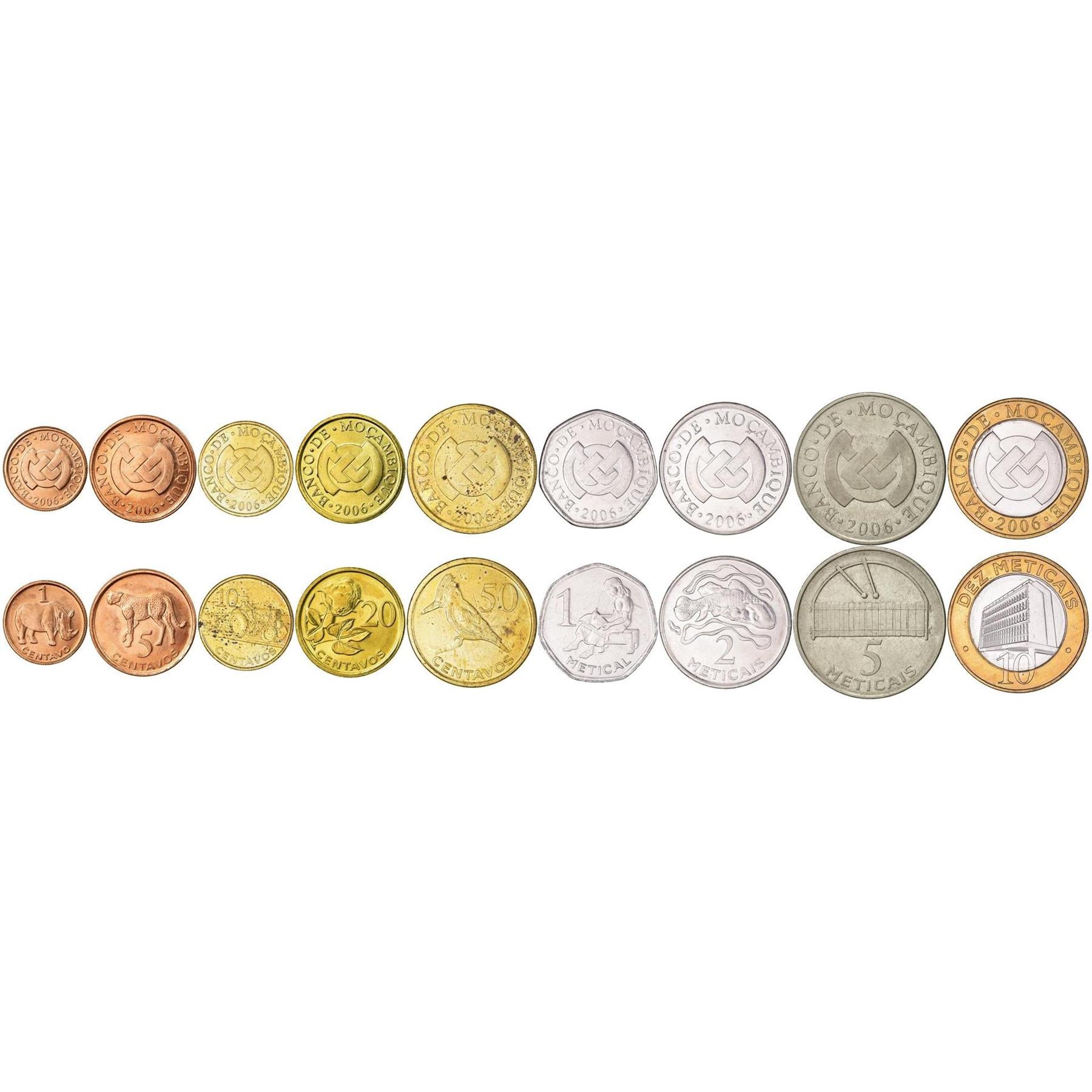 Mozambique | 9 Coin Set | 1 Centavo 5 10 20 50 Centavos 1 Metical 2 5 10 Meticais | 2006 - 2021