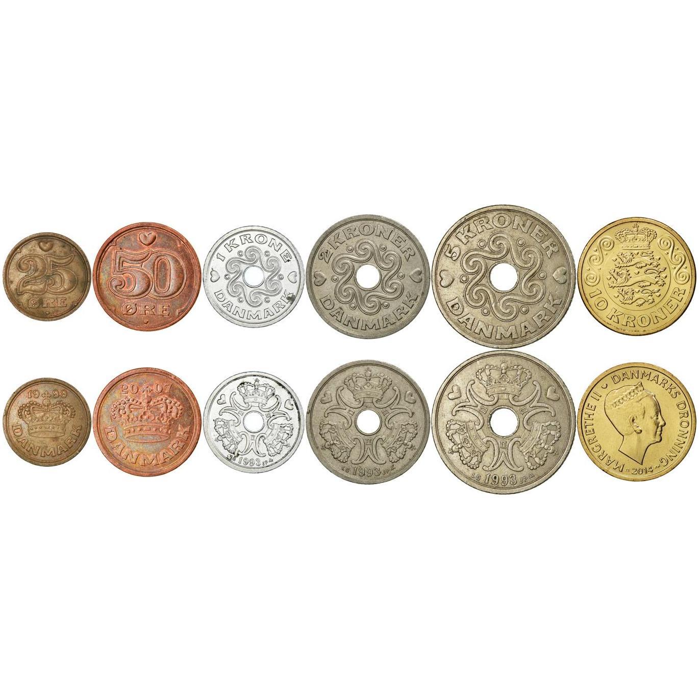 Denmark | 6 Coin Set | 25 50 Ore 1 Krone 2 5 10 Kroner | 1989 - 2021