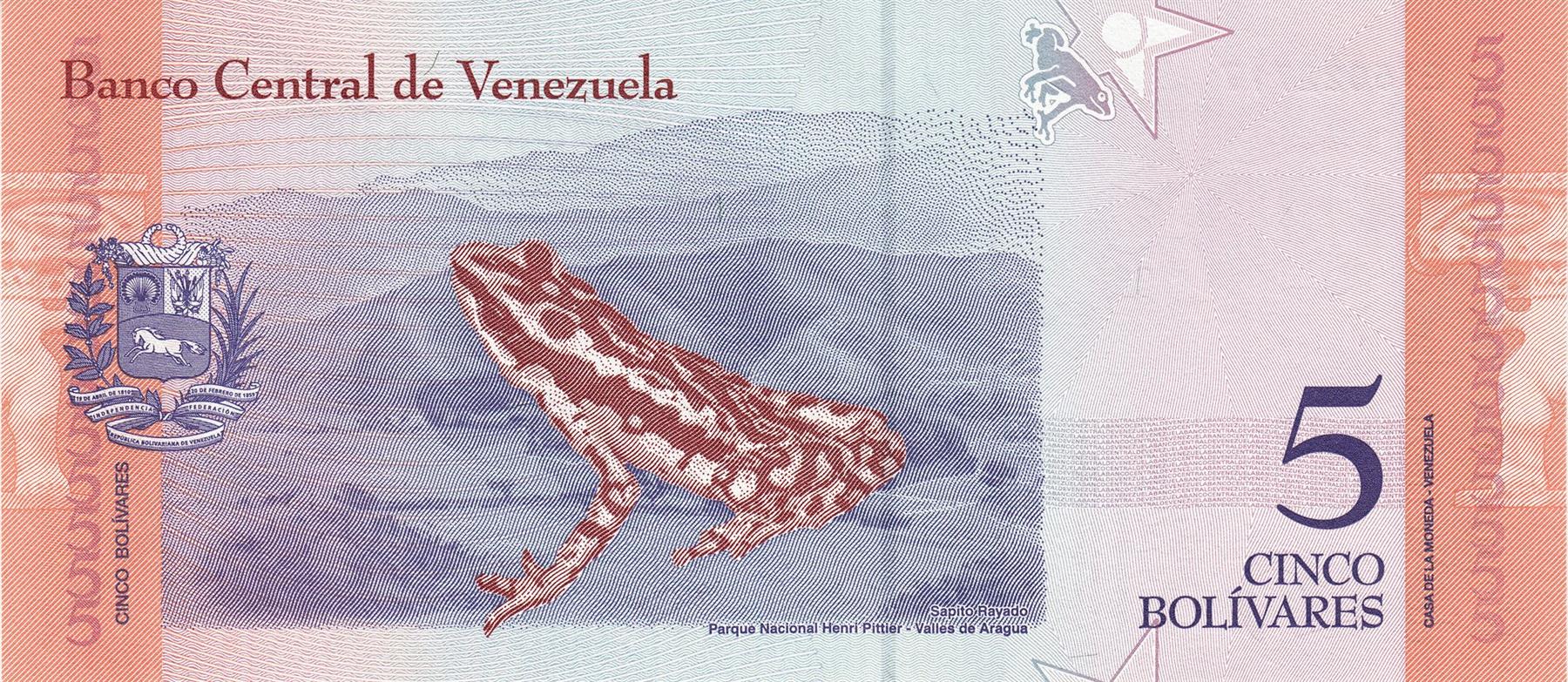 Venezuela | 5 Bolivares Banknote | 2018 | José Félix Ribas | Sapito Rayago Frog | Valles de Aragua | National Park