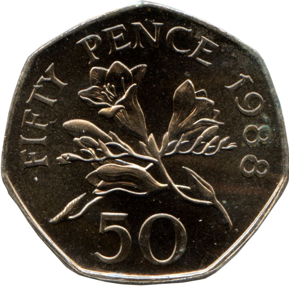 Guernsey | 50 Pence Coin | Queen Elizabeth II | Flower Freesia | KM45.1 | 1985 - 1997