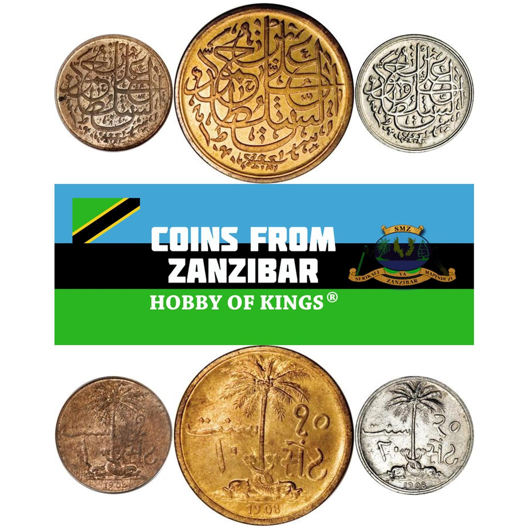 Zanzibar | 3 Coin Set | 1 10 20 Sant | 1908