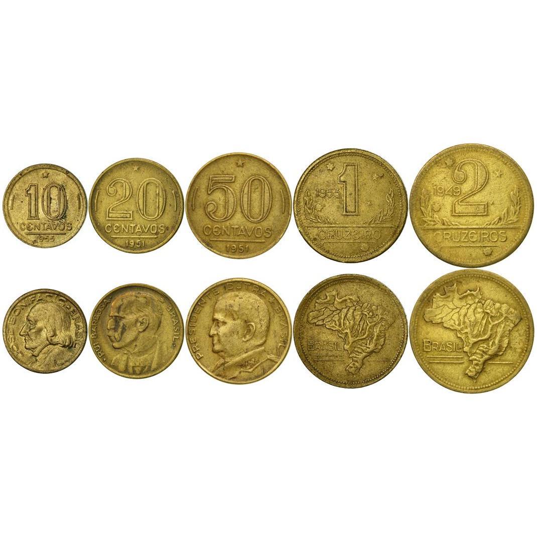 Brasile | Set di 5 monete | 10 20 50 centavos 1 Cruzeiro 2 Cruzeiros | 1942 - 1956