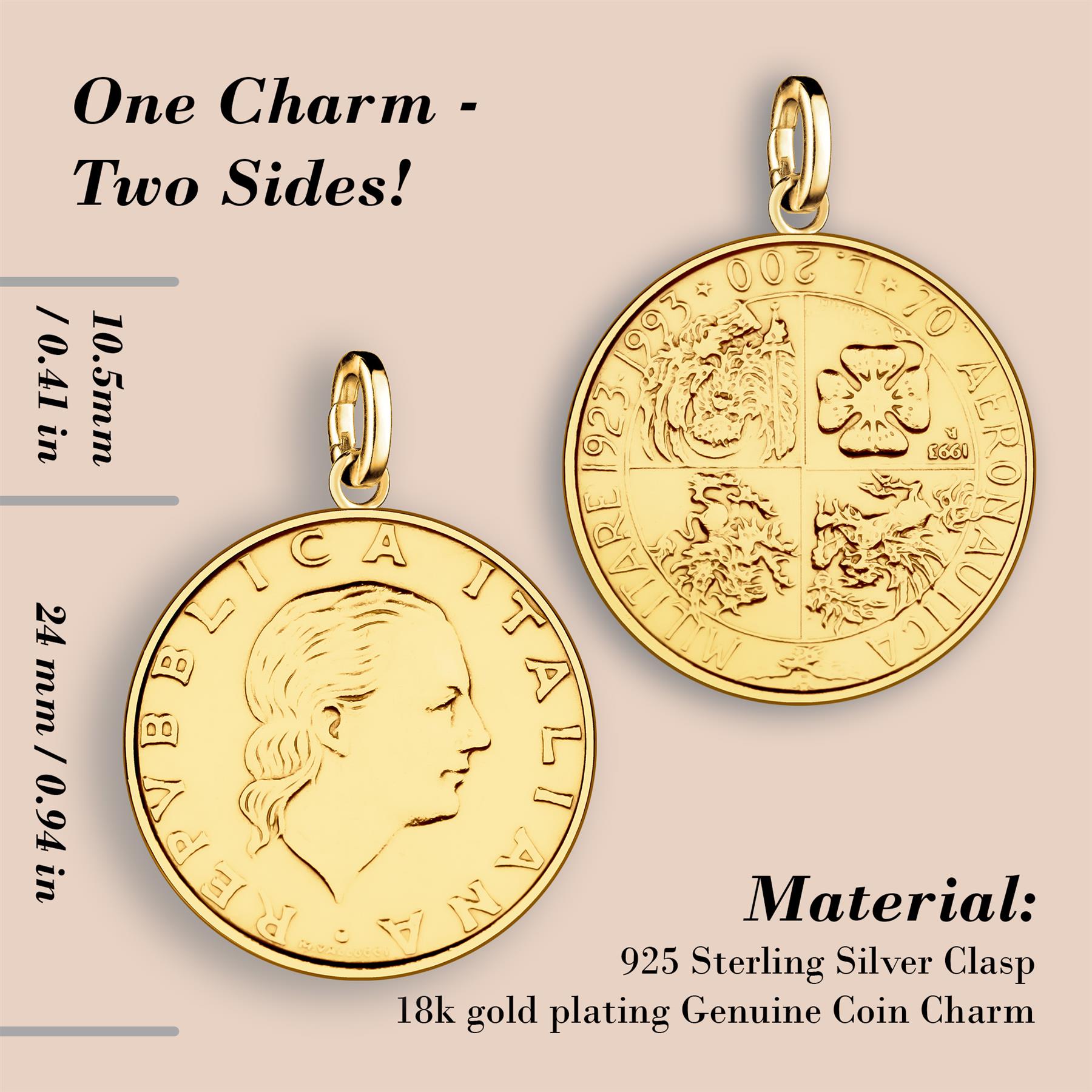 Italian 200 Lire Coin Charm | 925 Sterling Silver 18K Gold Plated | 1993