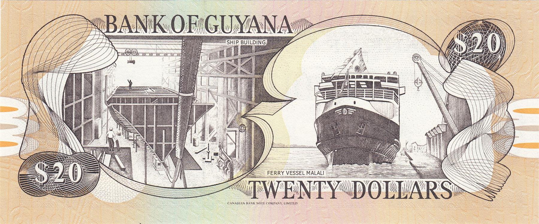 Guyana | 20 Dollars Banknote | 1996 - 2025 | Kaieteur Falls | Seal of the Bank | Shipbuilding | Ferry Vessel Malali | Port