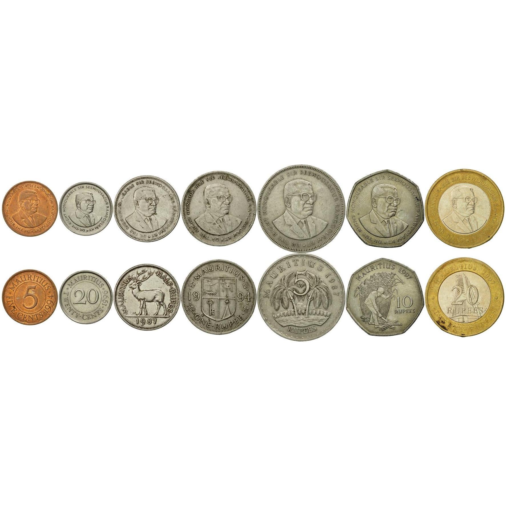 Mauritius | 7 Coin Set | 5 20 Cents 1/2 1 Rupee 5 10 20 Rupees | 1987 - 2010