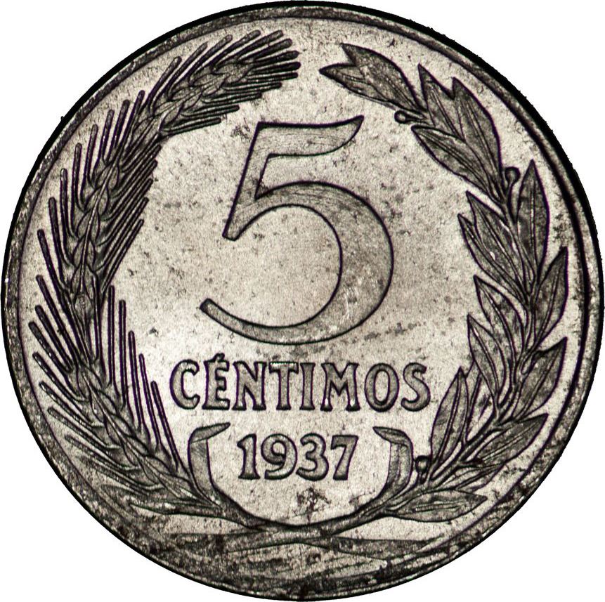 Spain 5 Centimos Coin | II Republic | KM752 | 1937 Soccer