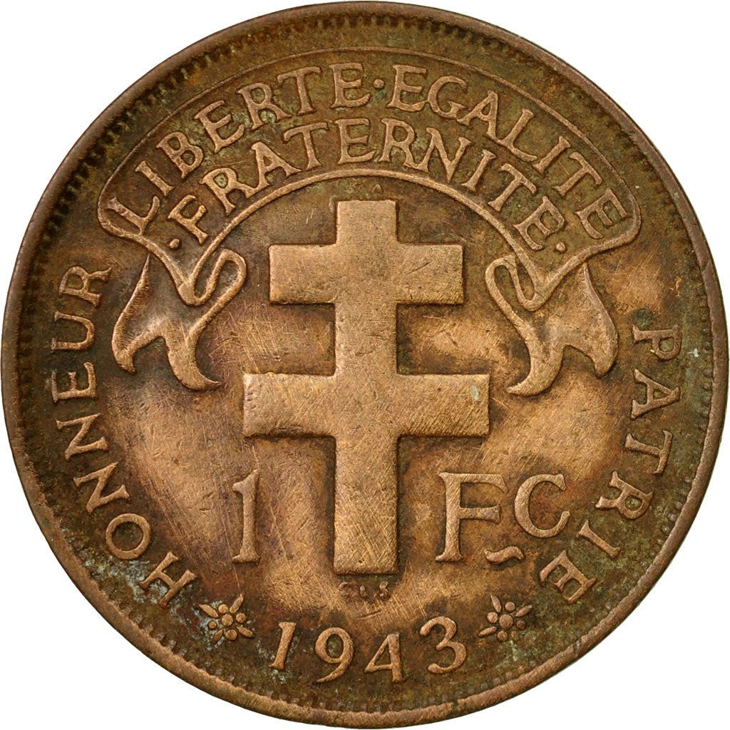 French Cameroon | 1 Franc Coin | Rooster | Lorraine Cross | Km:5 | 1943