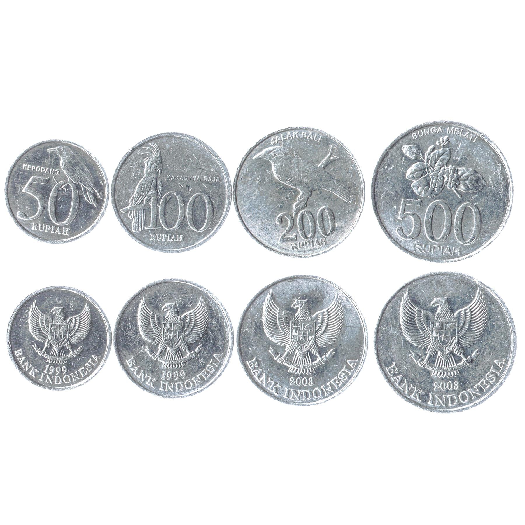 Indonesian 4 Coin Set 50 100 200 500 Rupiah | Jasmine | Black-naped Oriole | Garuda Pancasila | Palm Cockatoo | Bali myna | 1999 - 2005