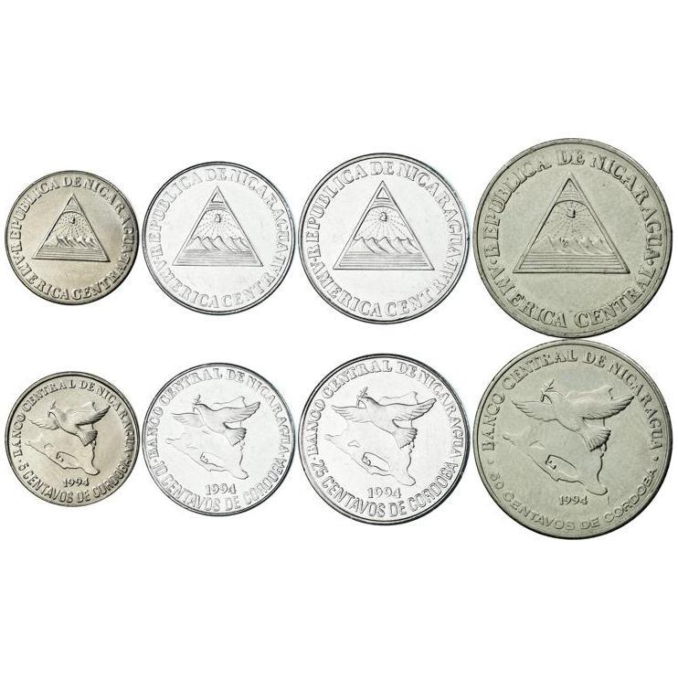 Set 4 Coins Nicaragua 5, 10, 25, 50 Centavos 1994