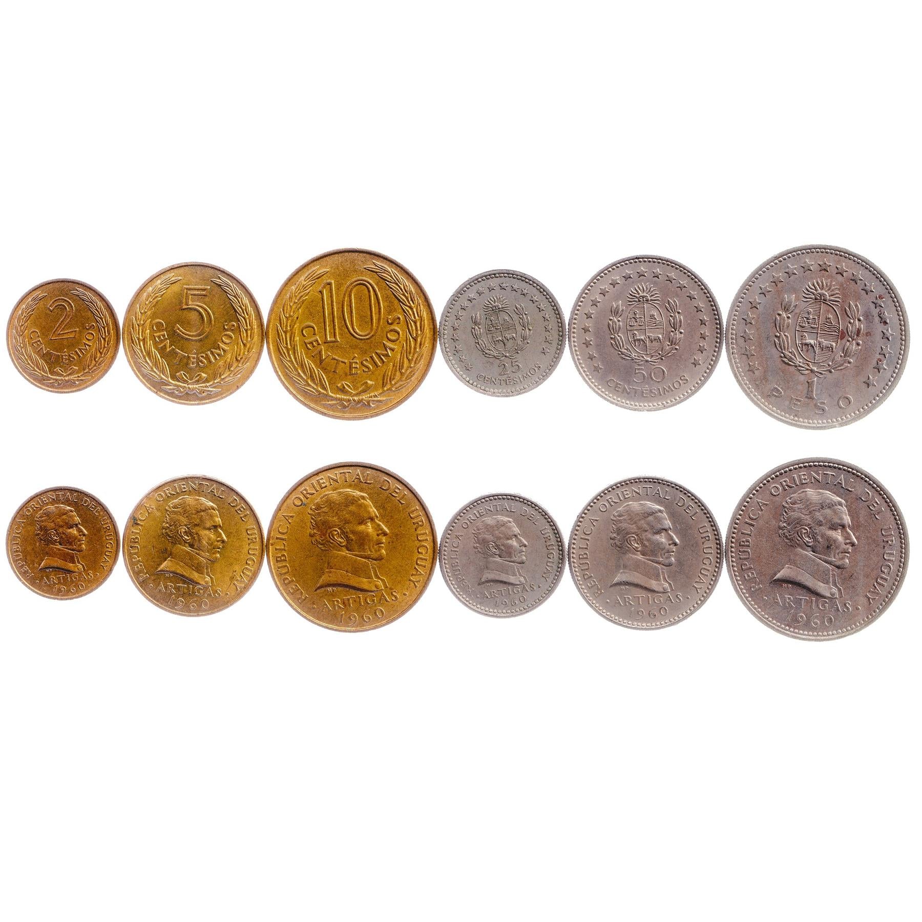Uruguayan 6 Coin Set 2 5 10 25 50 Centésimos 1 Peso | Jose Gervasio Artigas | Uruguay | 1960