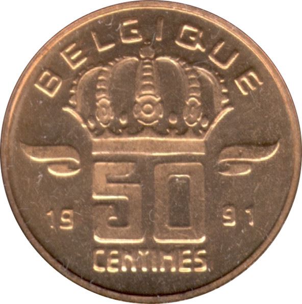 Belgium | 50 Centimes Coin | Miner | Lamp | Crown | Wings | Km:144 | 1952 - 2001