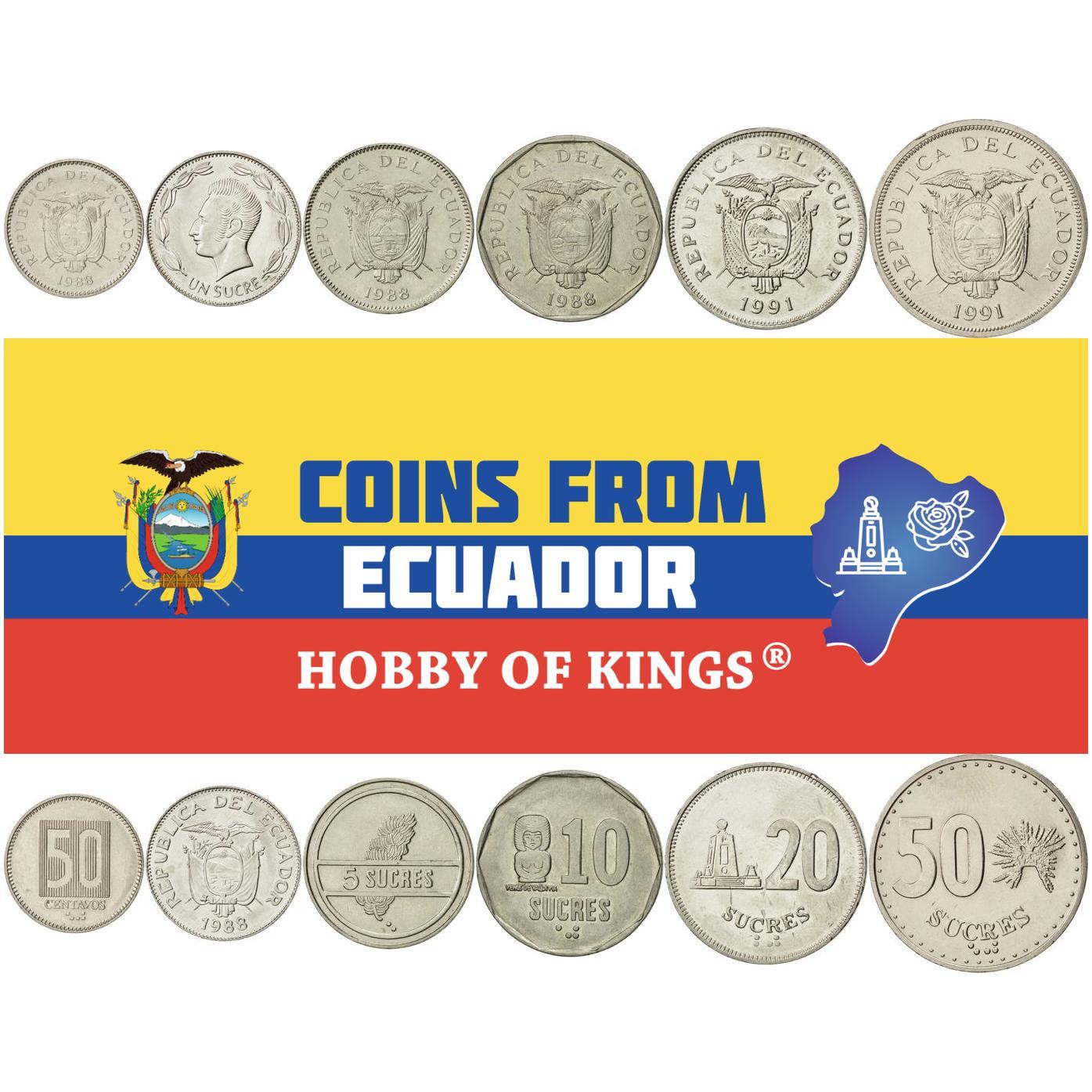 Ecuador | 6 Coin Set | 50 Centavos 1 5 10 20 50 Sucres | 1988 - 1991