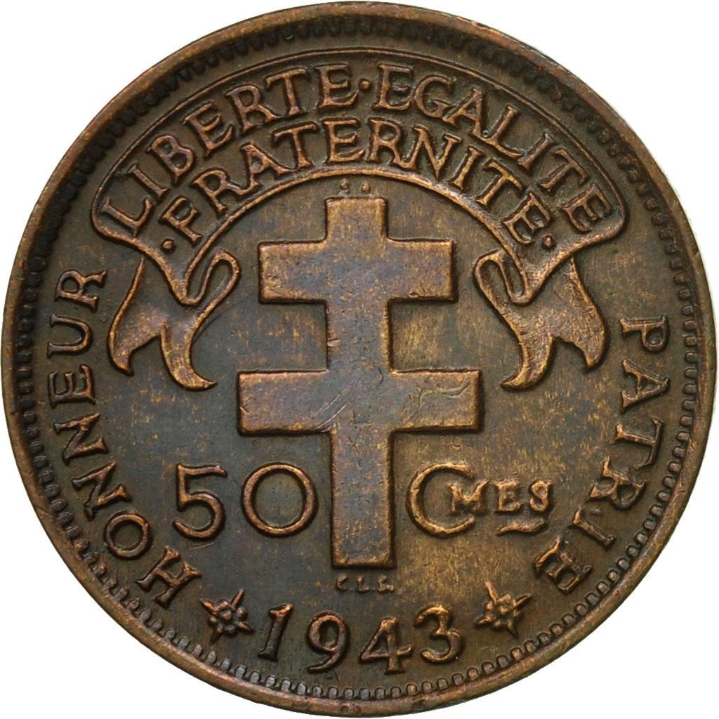 French Cameroon | 50 Centimes Coin | Rooster | Lorraine Cross | Km:4 | 1943