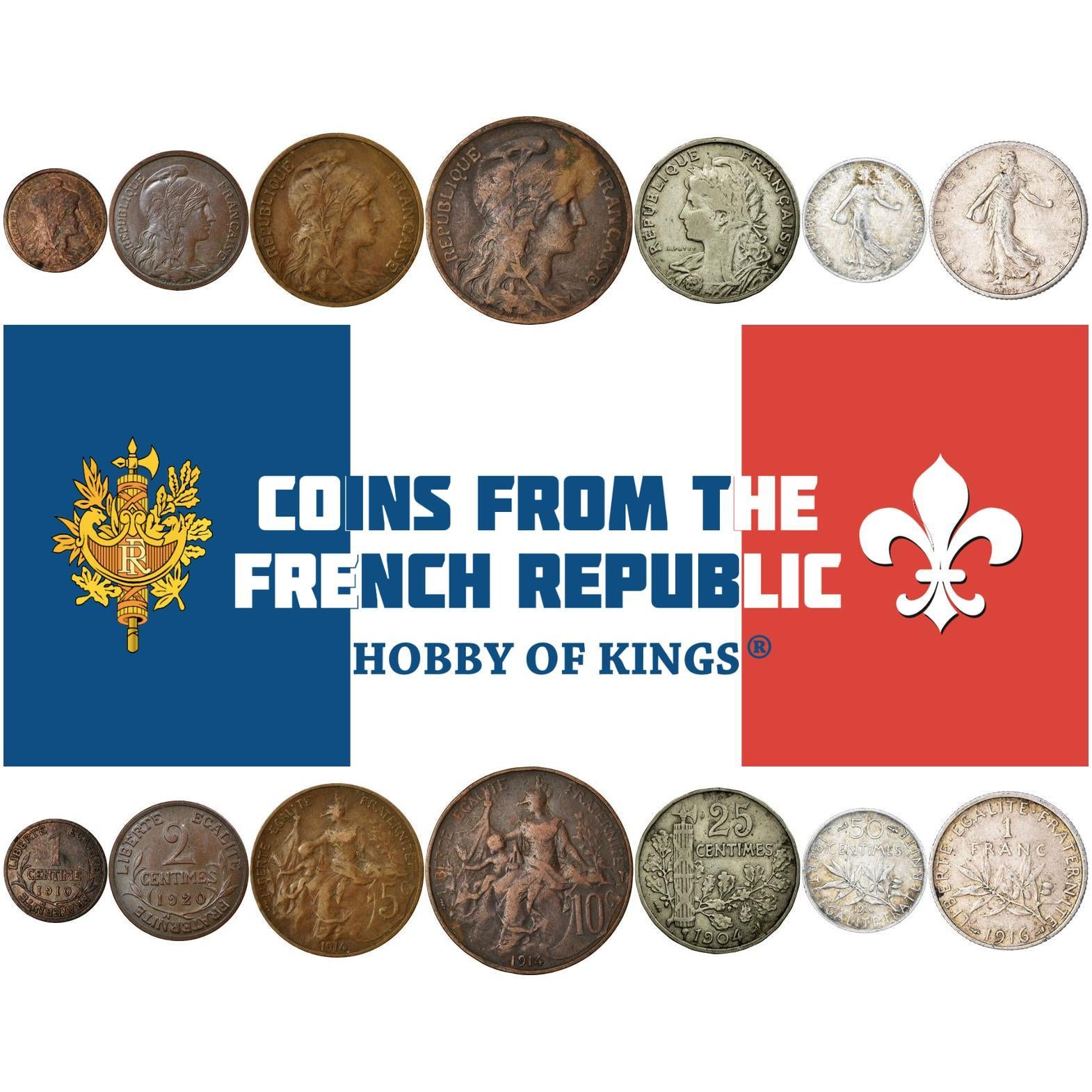 France | 7 Coin Set | 1 Centime 2 5 10 25 50 Centimes 1 Franc | Wreath | Liberty | Marianne | Axe | Olive branch | Olive Branch | 1897 - 1921