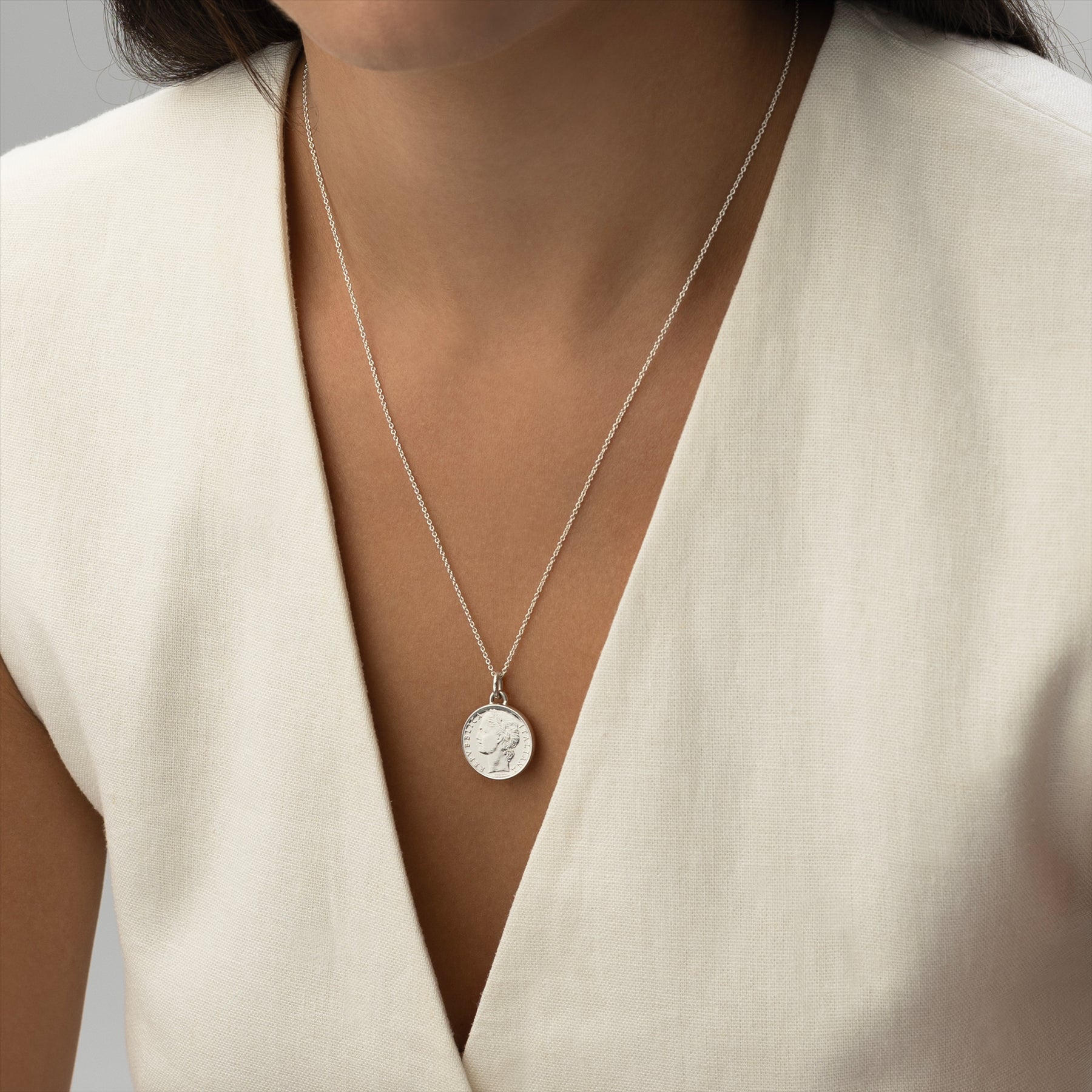 Italian Coin Necklace | Medallion Pendant Jewelry | Rhodium Plated 100 Lira | Goddess Minerva | 1990 - 1992