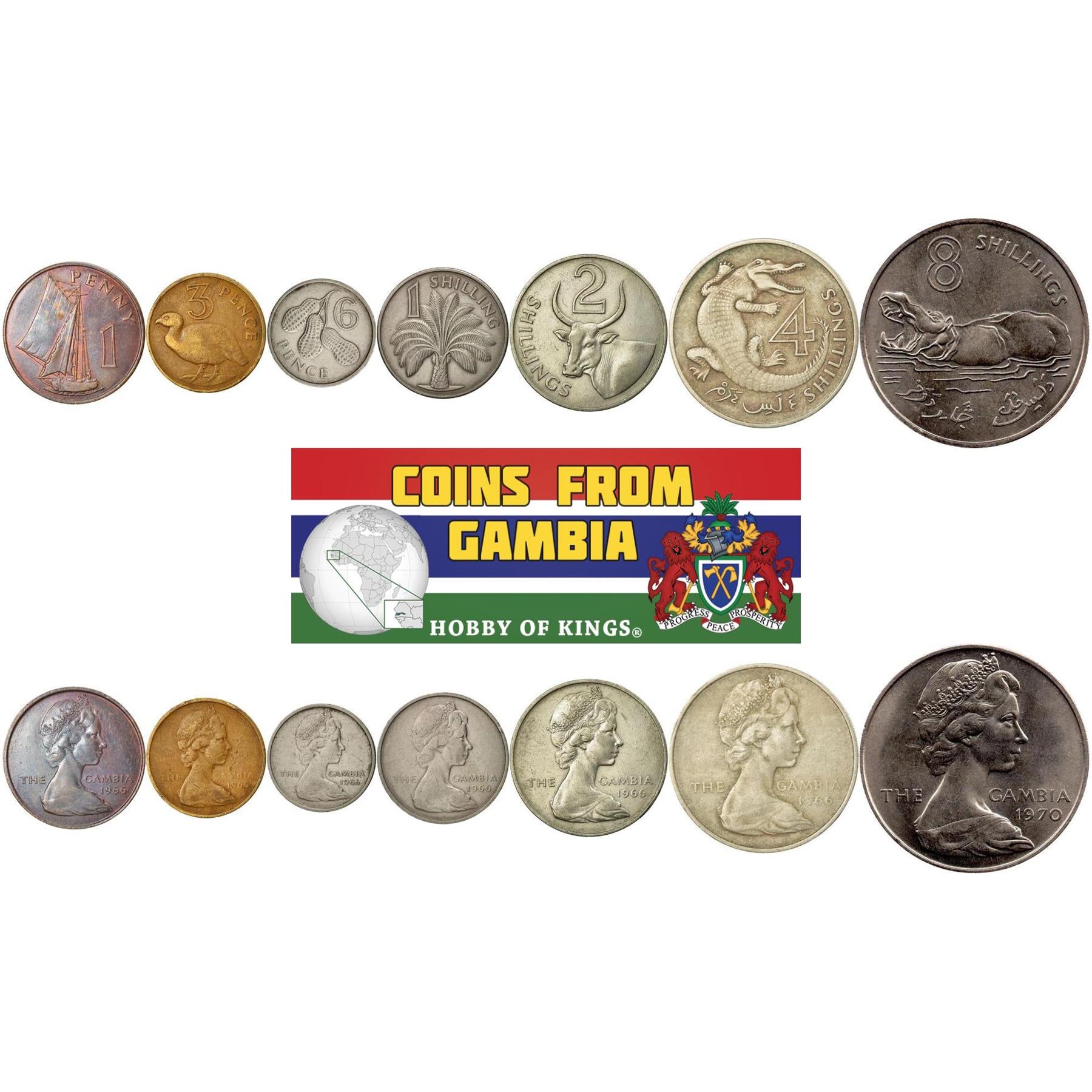 The Gambia | 7 Coin Set | 1 Penny 3 6 Pence 1 Shilling 2 4 8 Shillings | 1966 - 1970