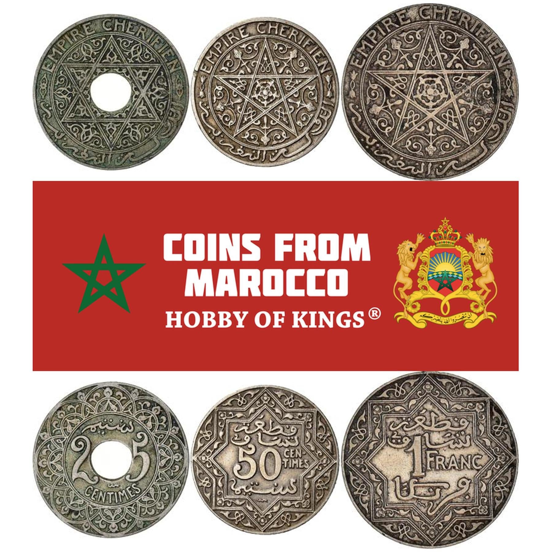 Morocco | 3 Coin Set | 25 50 Centimes 1 Franc | Sultan Yusef | Star of David | Lightning Bolt | Pentagram | 1924