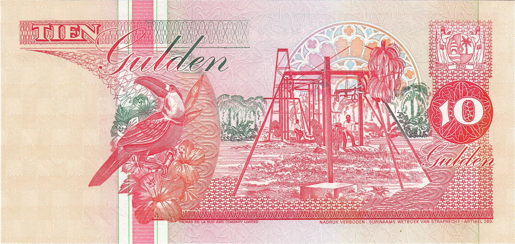 Suriname | 10 Gulden Banknote | 1991 - 1998 | Central Bank | Paramaribo | Bananas | Toucan | Plantation