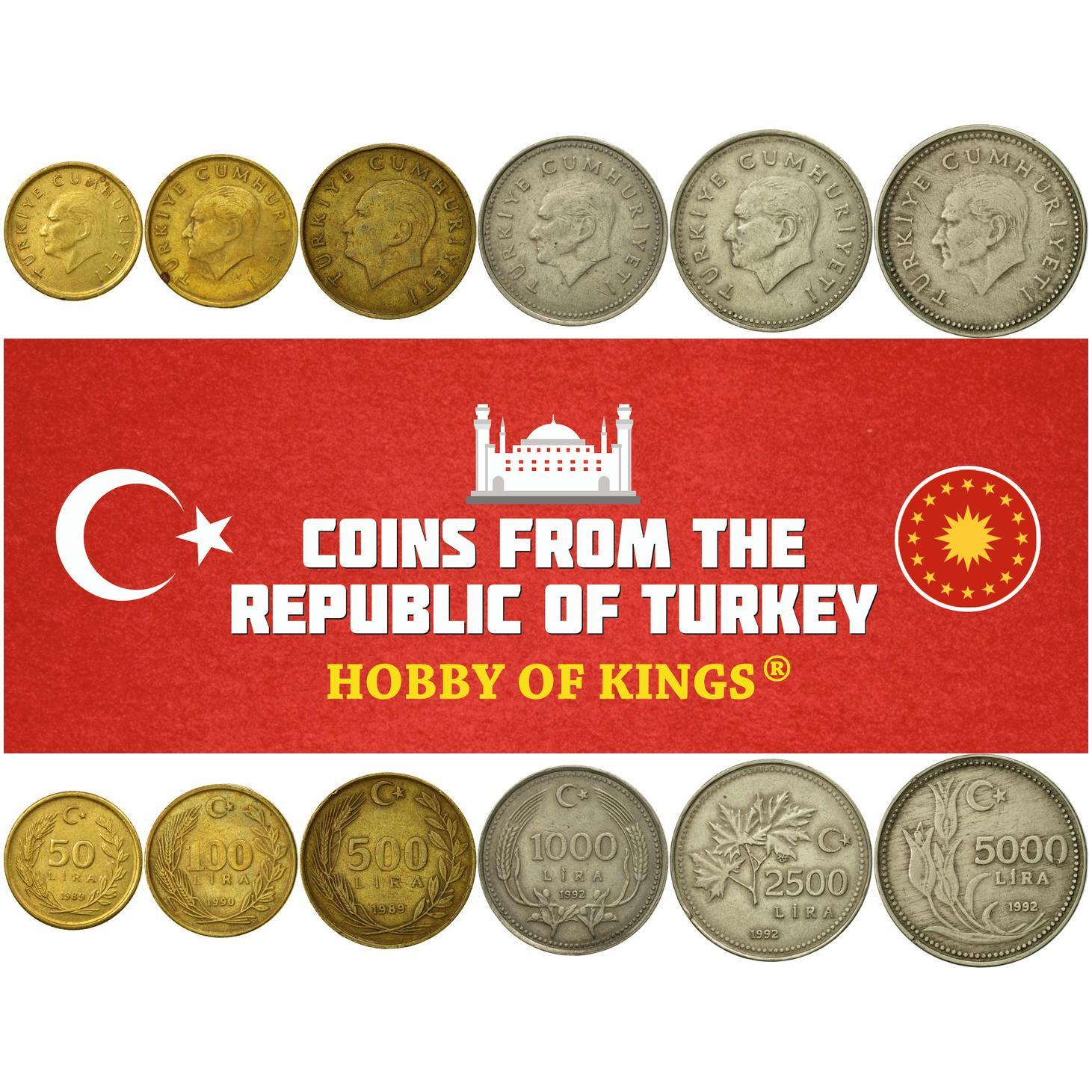 Turkey | 6 Coin Set | 50 100 500 1000 2500 5000 Lira | 1988 - 1994