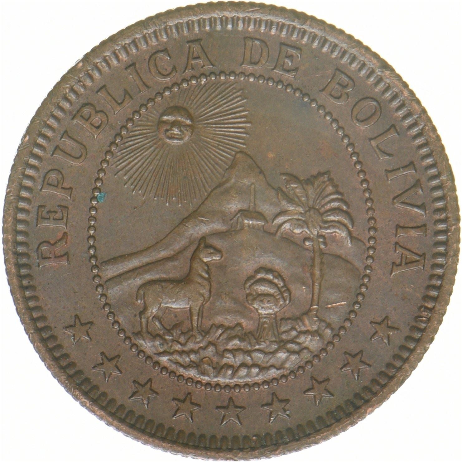 Bolivia | 1 boliviano-mønt | Bronze | Våbenskjold | KM:184 | 1951