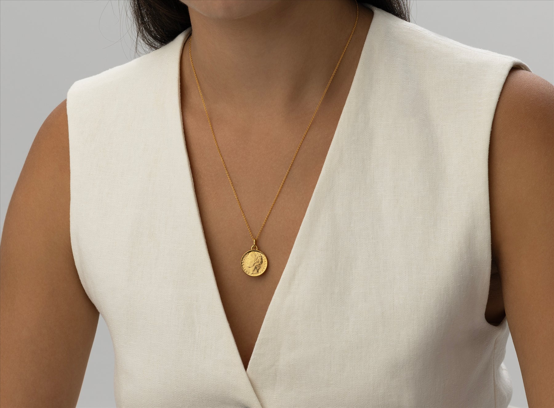 Italian Coin Necklace | Medallion Pendant Jewelry | 18K Gold Plated 100 Lira | Goddess Minerva | 1990 - 1992