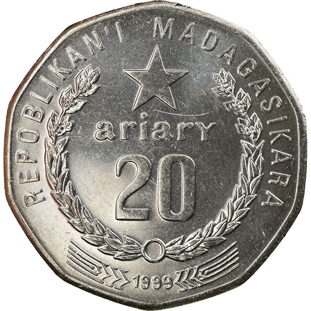 Madagaskaras | 20 Ariarių moneta | Žvaigždė | Traktorius | Ūkininkas | Km:24.2 | 1999