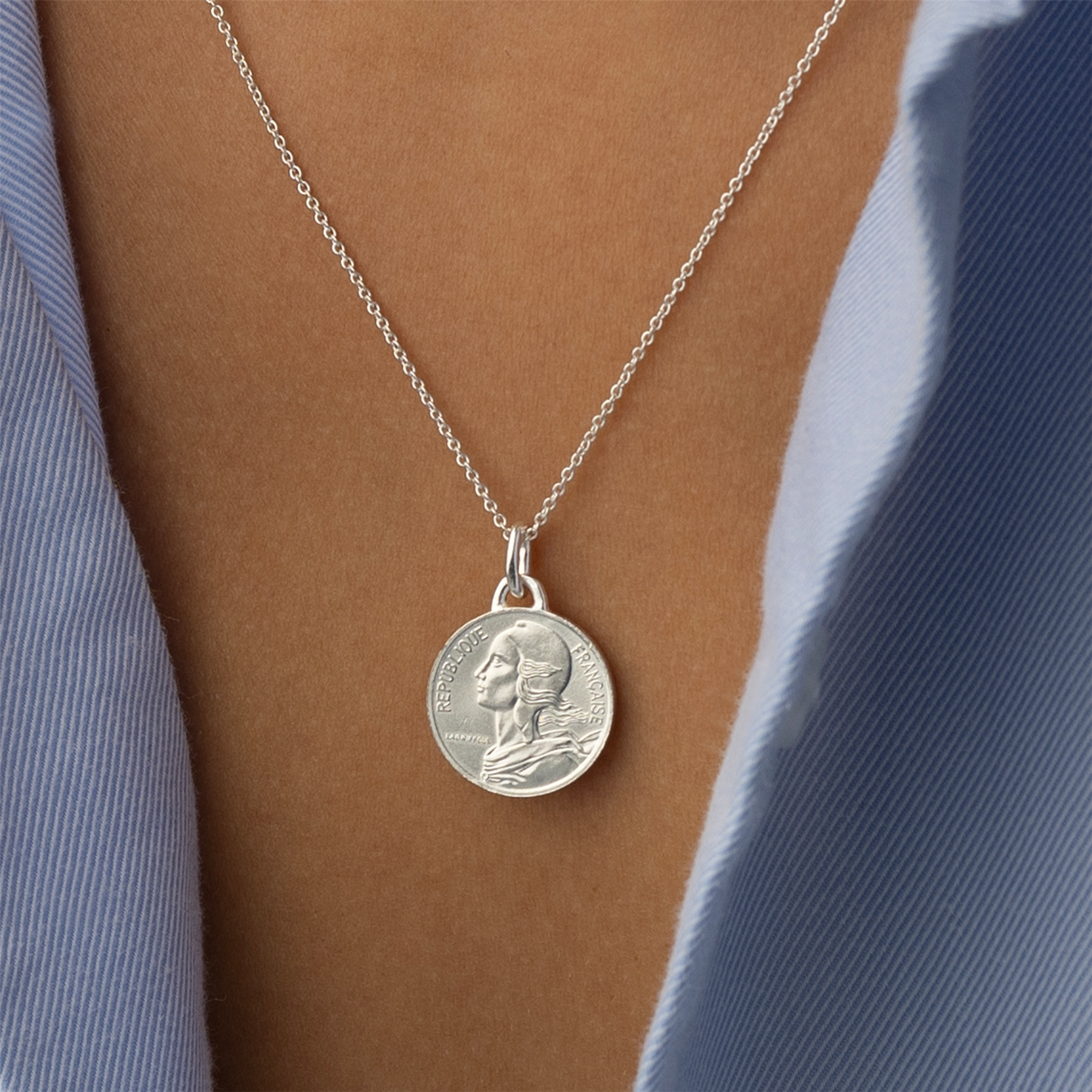 French Coin Necklace | Medallion Pendant Jewelry | Rhodium Plated 5 Centimes | 1966 - 2001