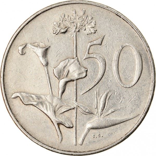 South Africa | 50 Cents Coin | Founder of Cape Town | Flowers | Lilies | Bird of Paradise | Km:70.1 | 1965 - 1969