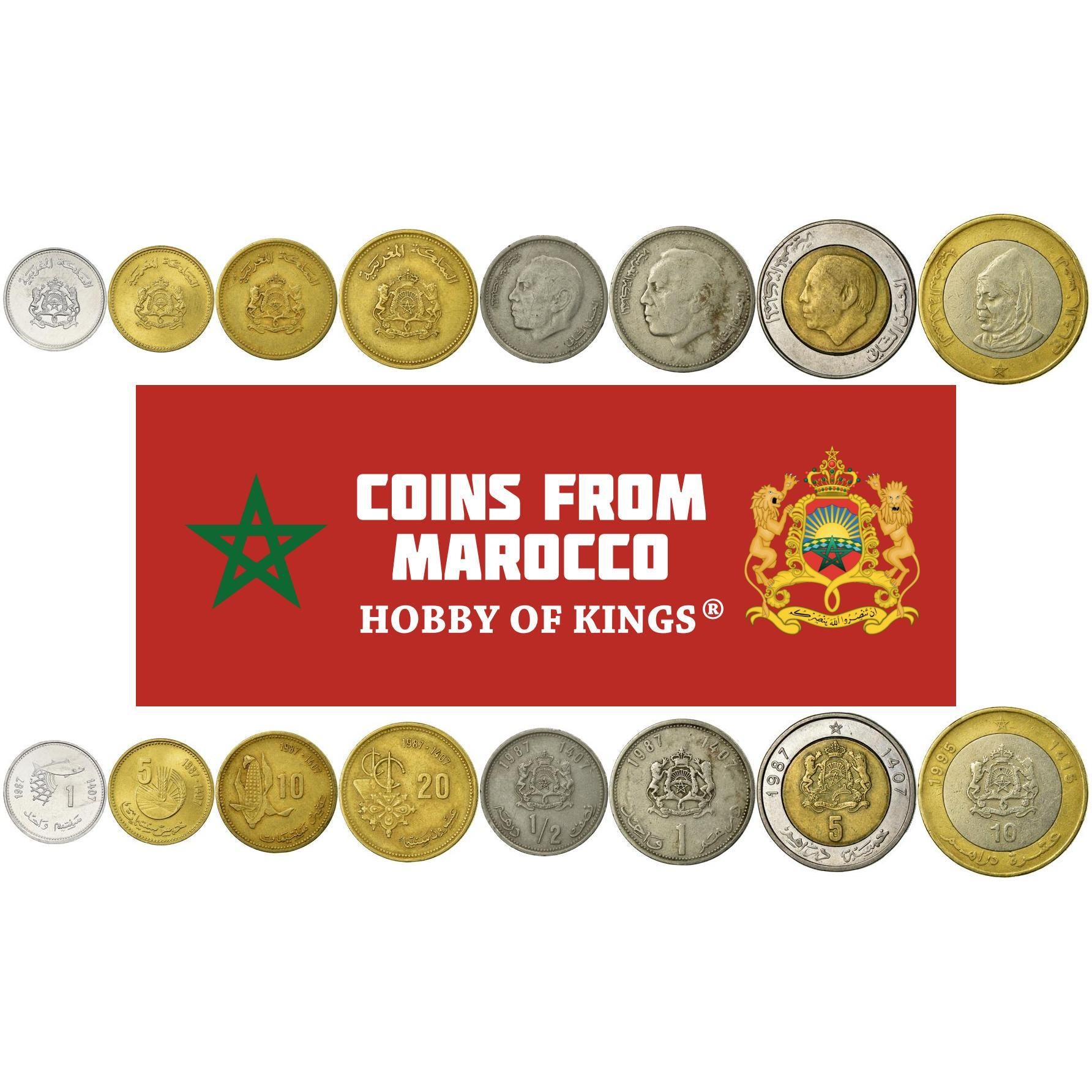 Morocco | 8 Coin Set | 1 Santim 5 10 20 Santimat 1/2 1 Dirham 5 10 Dirhams | 1987 - 1995