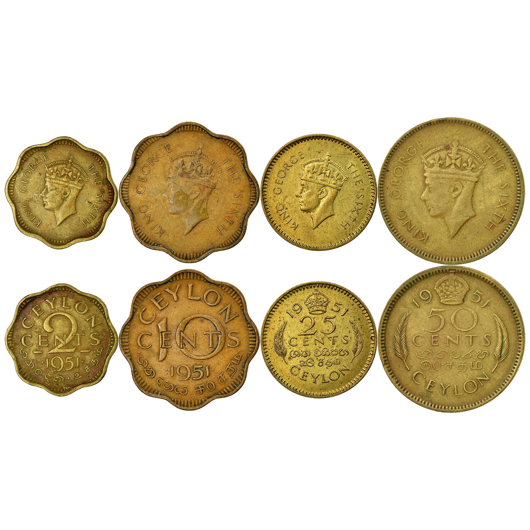 Sri Lankan 4 Coin Set 2 10 25 50 Cents | George VI | Ceylon | 1951