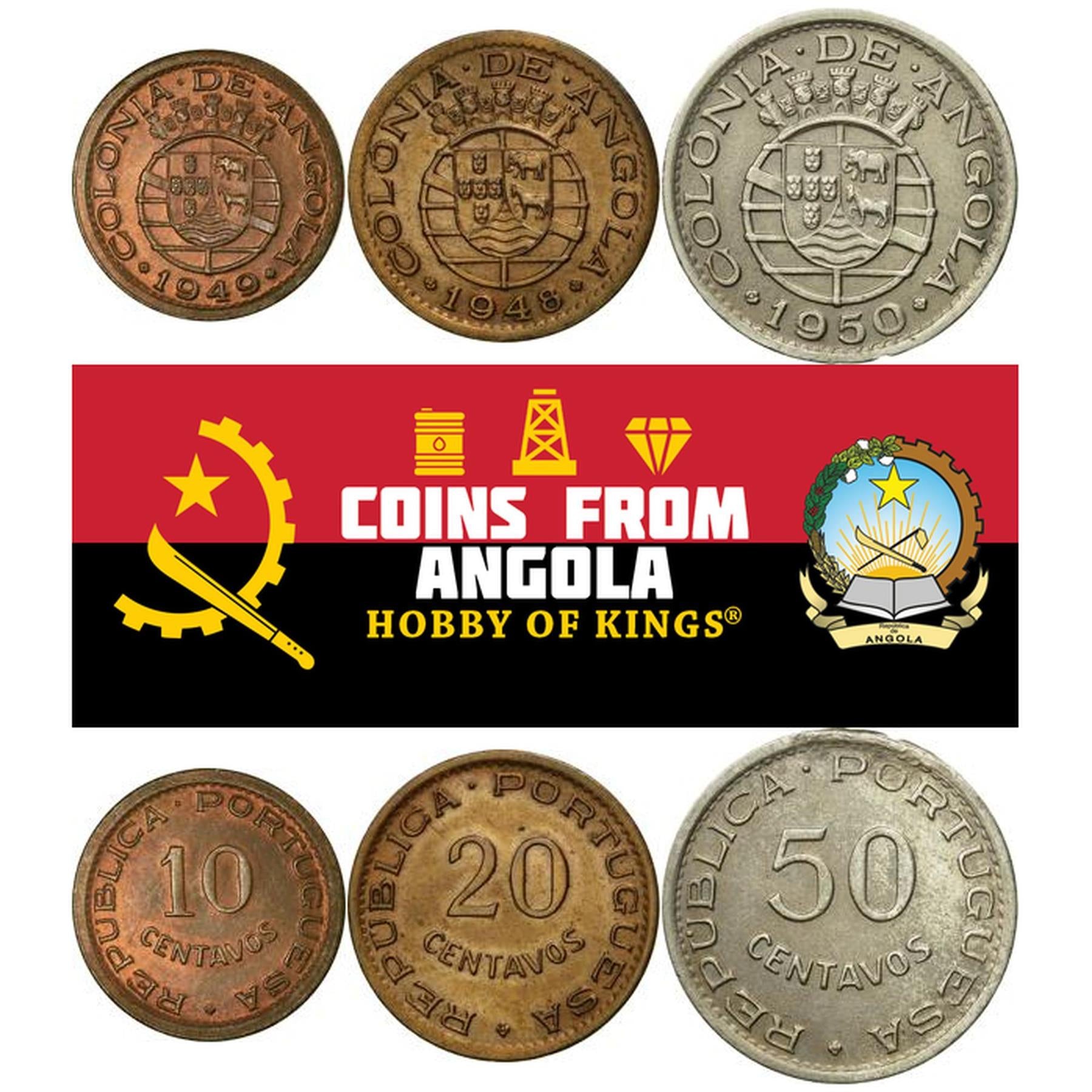 Angola | 3 Coin Set | 10 20 50 Centavos | 1948 - 1950