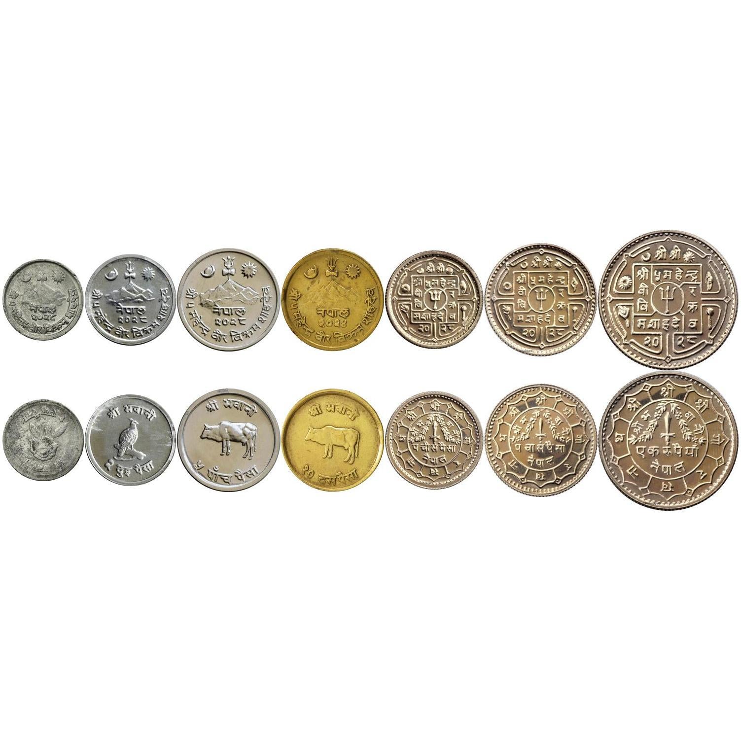 Nepal | 7 Coin Set | 1 2 5 10 25 50 Paisa 1 Rupee | 1966 - 1973