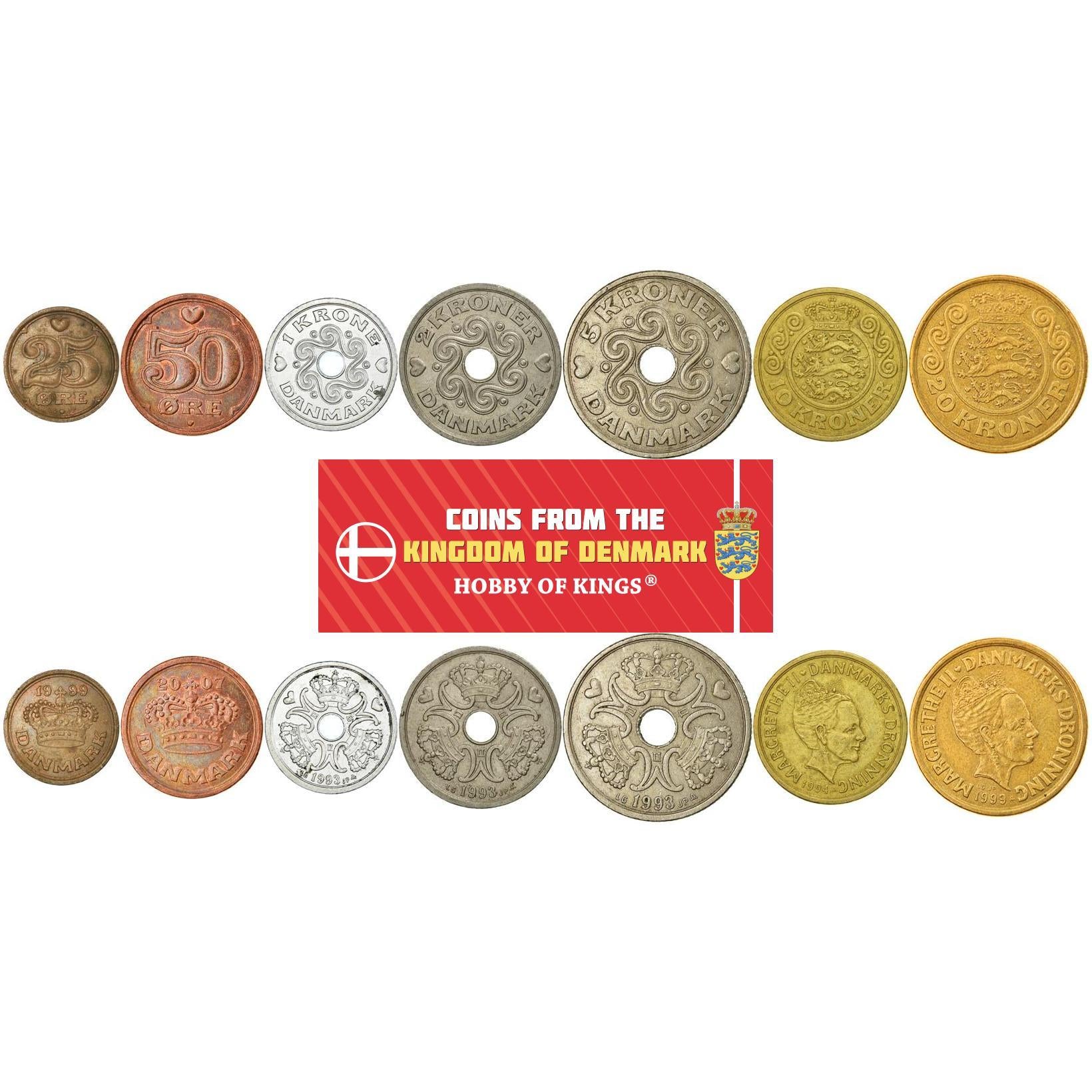 Denmark | 7 Coin Set | 25 50 Ore 1 Krone 2 5 10 20 Kroner | 1989 - 2021