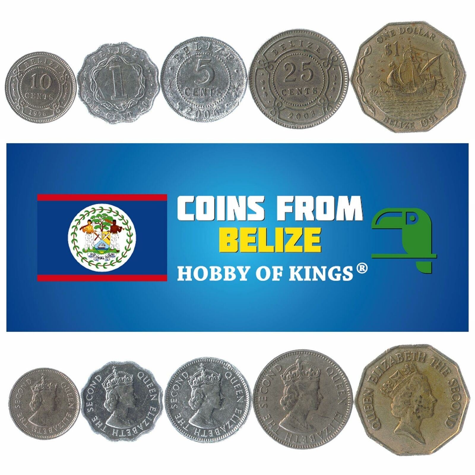 5 Different Coins From Belize Central Amaerican Old Collectible Cents 1 Dollar
