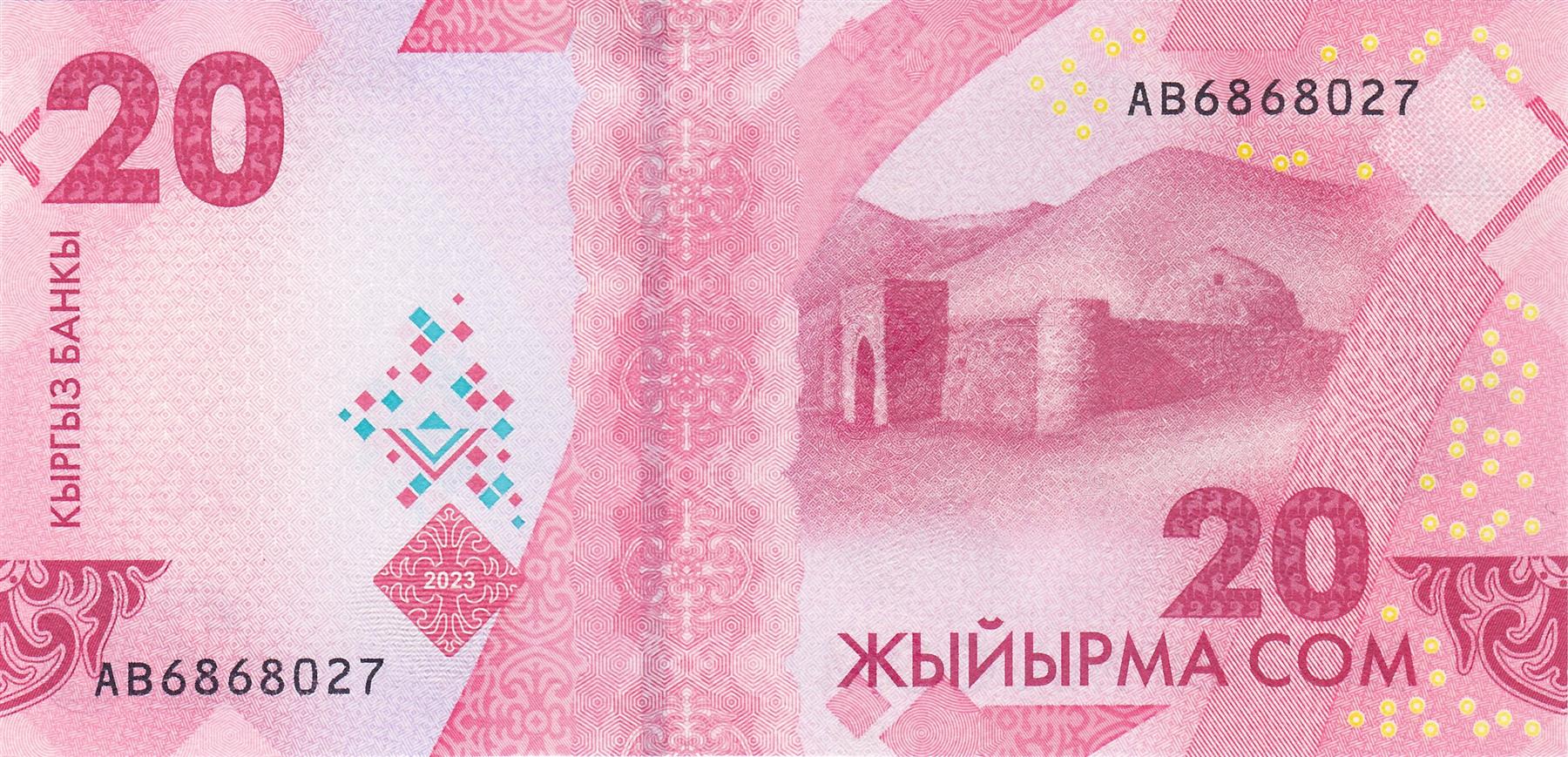 Kyrgyzstan | 20 Som Banknote | 2023 | 30th Anniversary of Som | Toğoloq Moldo | Taş-Rabat Caravanserai | Tien Shan Mountains