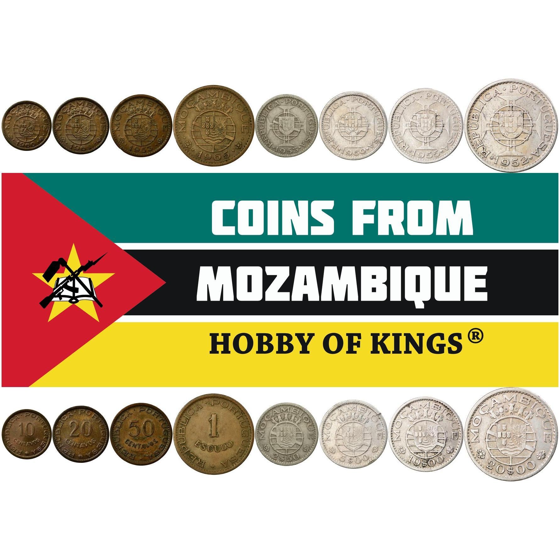 Mozambique | 8 Coin Set | 10 20 50 Centavos 1 Escudo 2.50 5 10 20 Escudos | 1952 - 1974