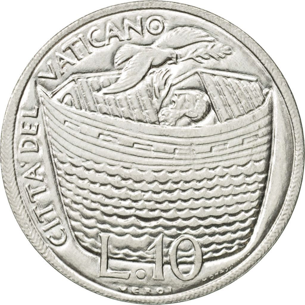 Vatican City | 10 Lire Coin | Noah's Ark | Km:127 | 1975