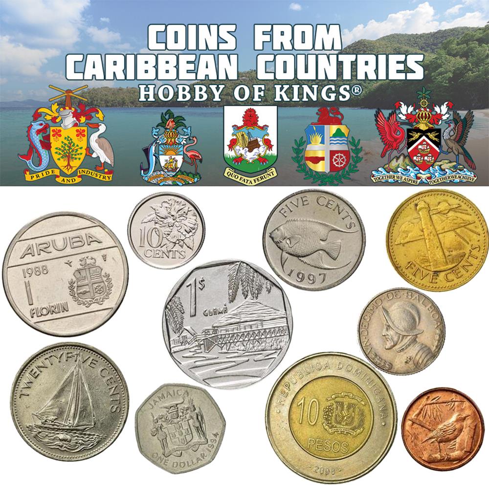 10 Island Coins – 10 Caribbean Countries – Real Circulated Currency with Wildlife & Cultural Designs