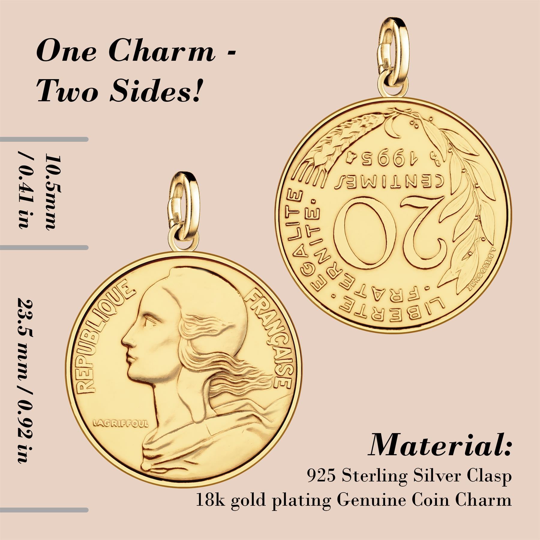 French 20 Centimes Coin Charm | 925 Sterling Silver 18K Gold Plated | 1962 - 2001