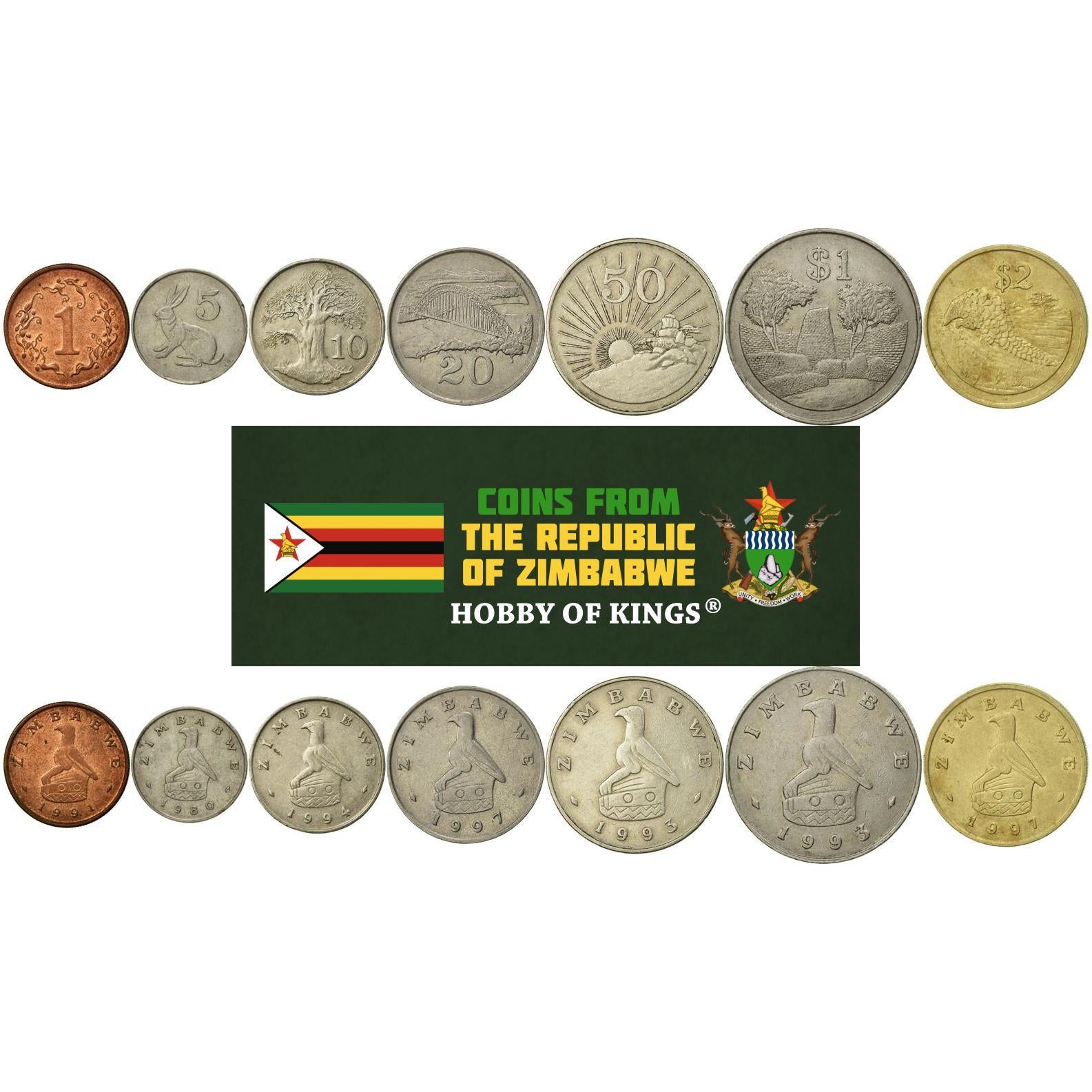 Zimbabwe | 7 Coin Set | 1 Cent 5 10 20 50 Cents 1 Dollar 2 Dollars | 1980 - 1999