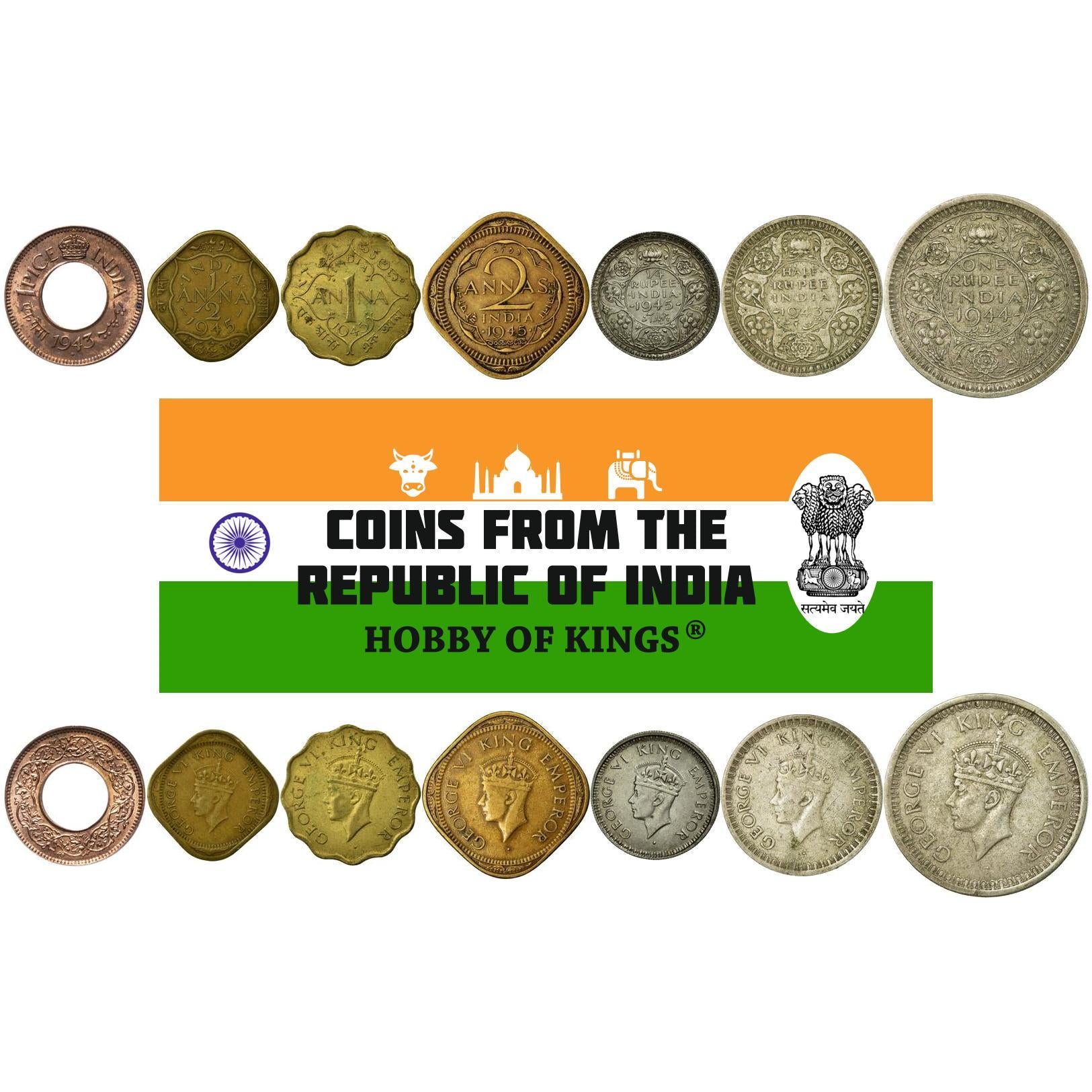 India - British | 7 Coin Set | 1 Pice 1/2 1 Anna 2 Annas 1/4 1/2 1 Rupee | 1942 - 1945