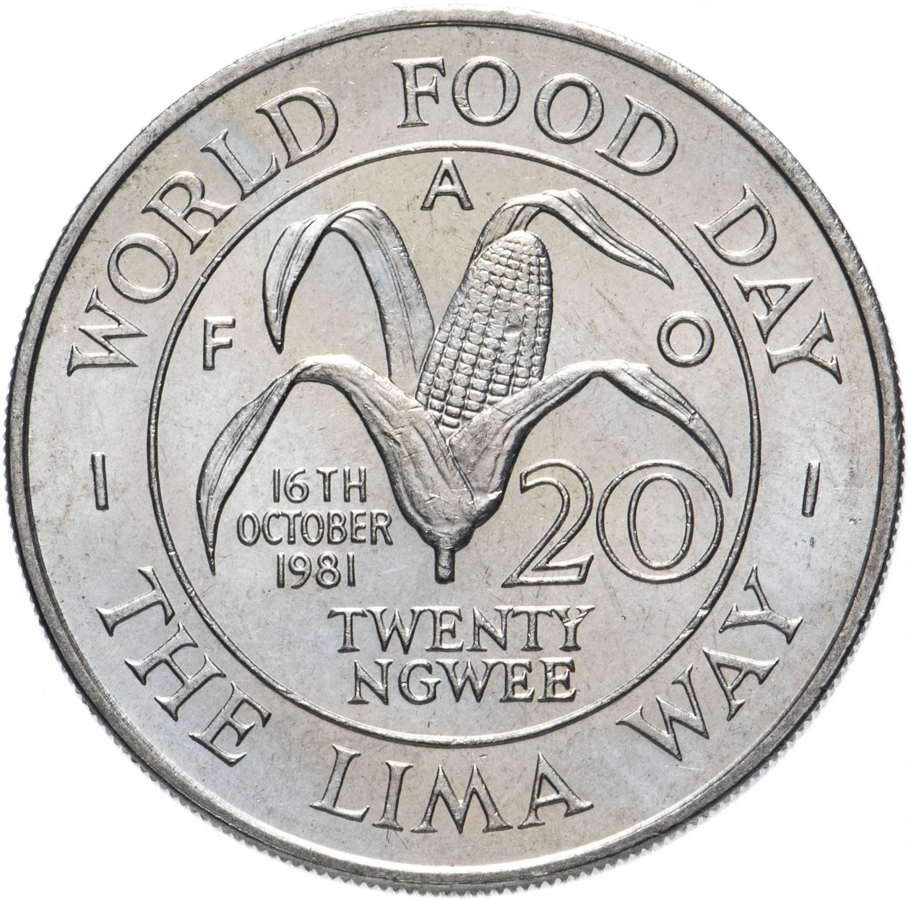 Zambia | 20 Ngwee Coin | FAO | Kenneth Kaunda | Corn Cob | KM22 | 1981