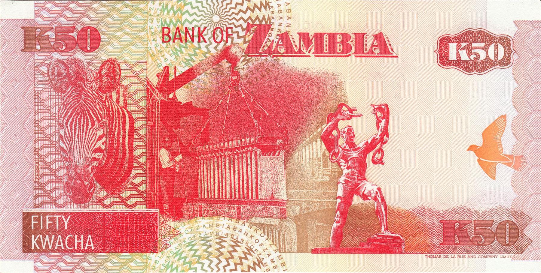 Zambia | 50 Kwacha Banknote | 1992 - 2010 | Sausage Tree | African Fish Eagle | Feathers | Zebra | Copper Refining | Chainbreaker Statue