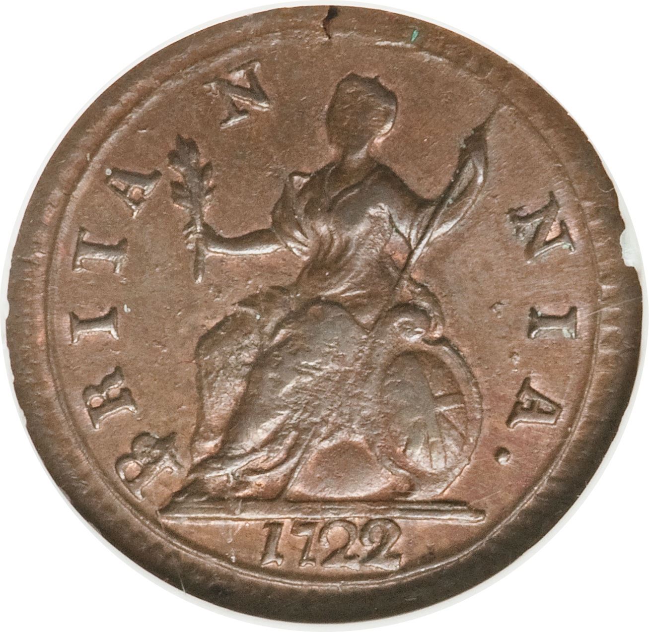 United Kingdom 1 Farthing Coin | George I 2nd issue | larger flan | 1719 - 1724