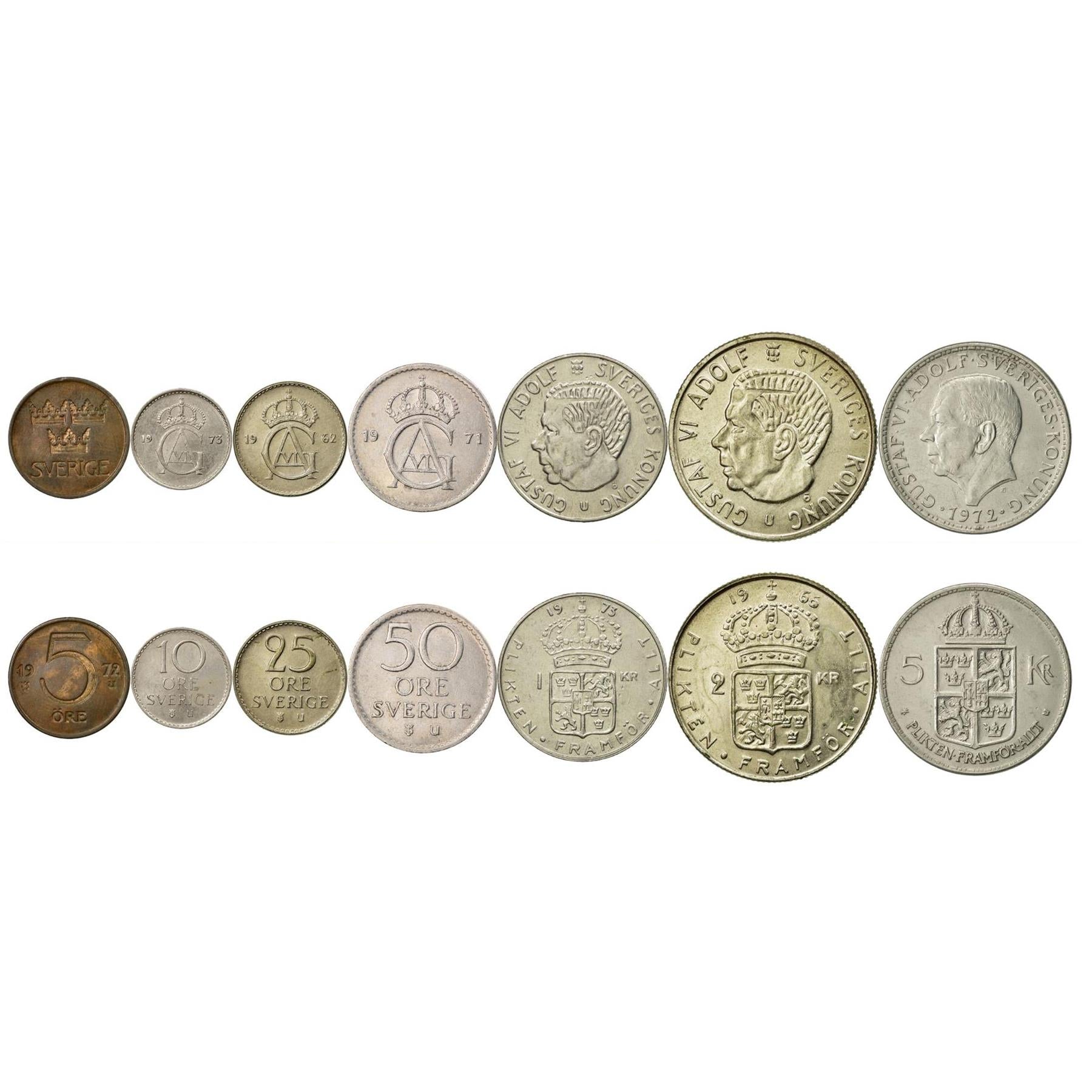 Swedish 7 Coin Set 5 10 25 50 Öre 1 2 5 Kronor | Carl XVI Gustaf | Three Crowns | Sweden | 1962 - 1973