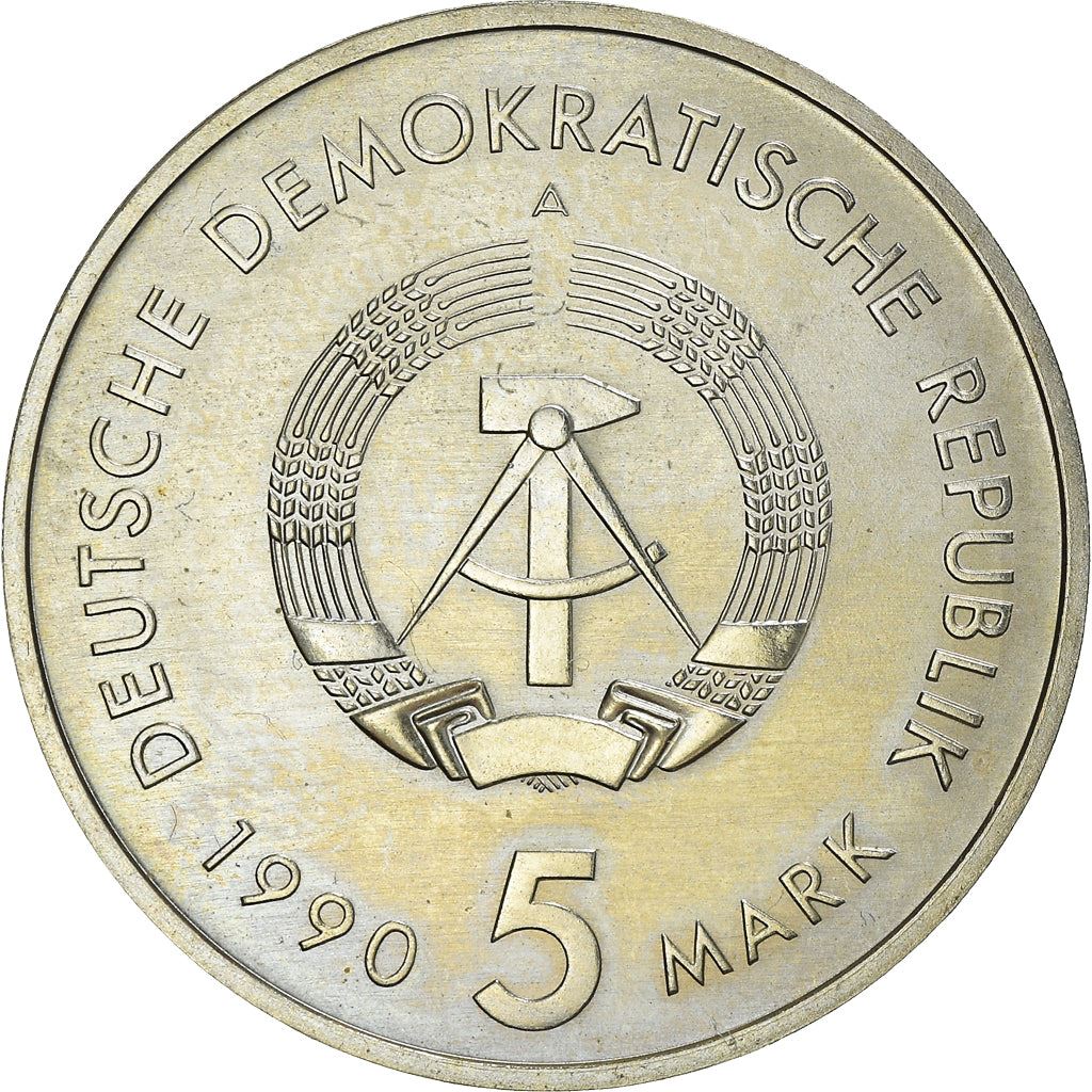 German Democratic Republic 5 Mark Coin | Horse | Carriage | Hunting Horn | Mail Services Emblem | KM134 | 1990