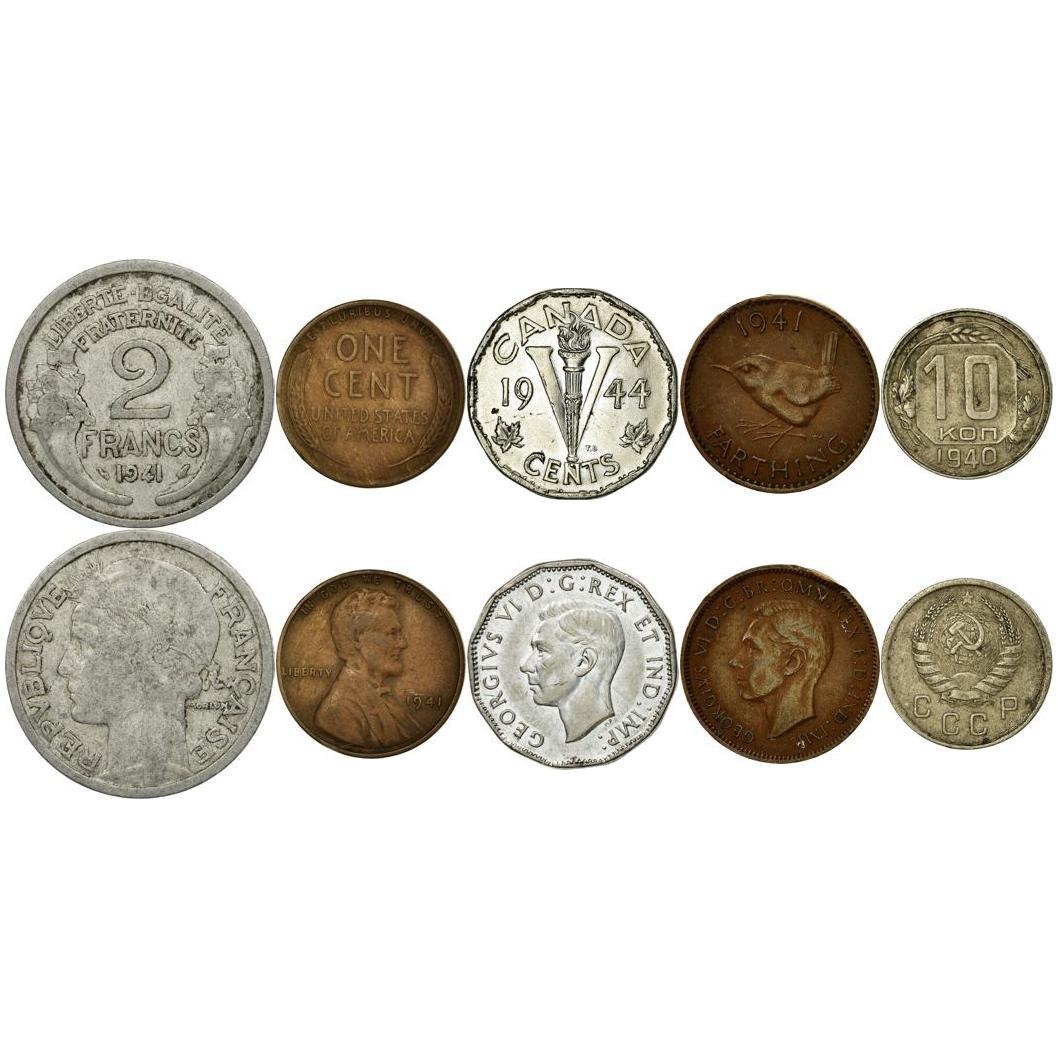 WWII Allied Powers Coin Set - 5 Wartime Coins - 1939-1945 - Canada, USA, Soviet Union, United Kingdom, Free France - World War 2 Currency Collection