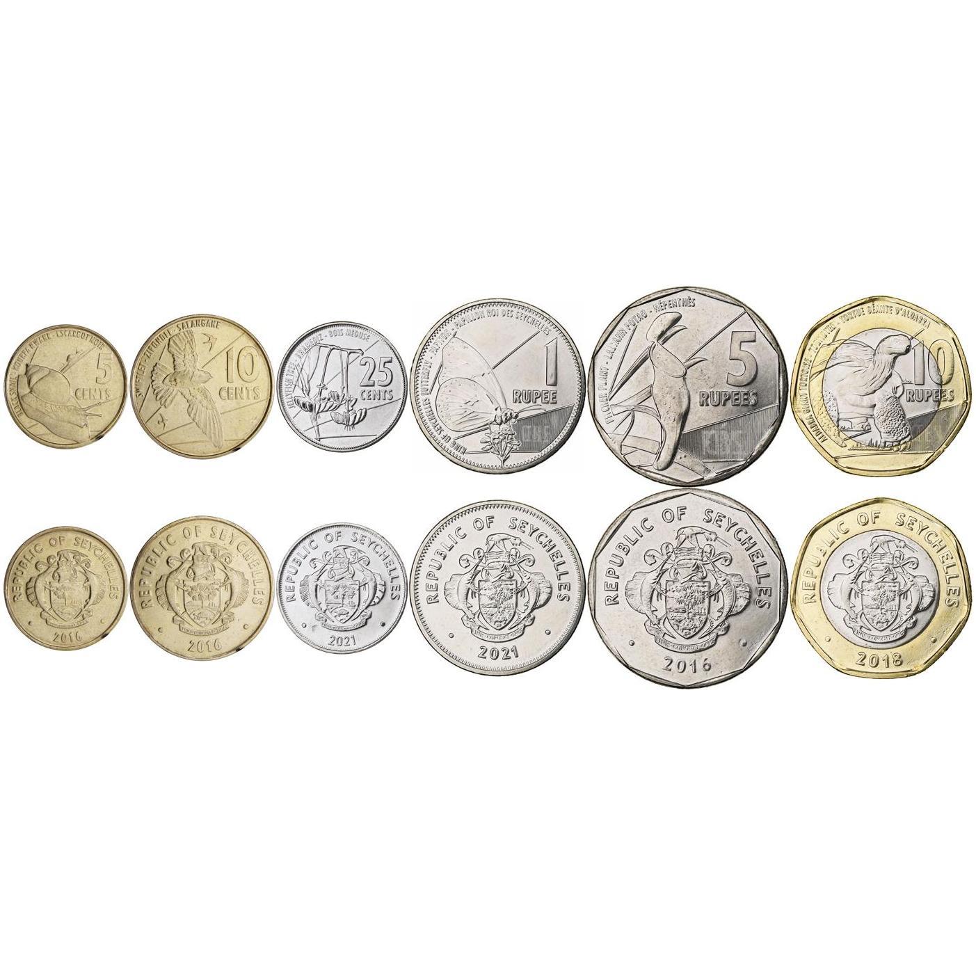 Seychelles | 6 Coin Set | 5 10 25 Cents 1 Rupee 5 10 Rupees | 2016 - 2022