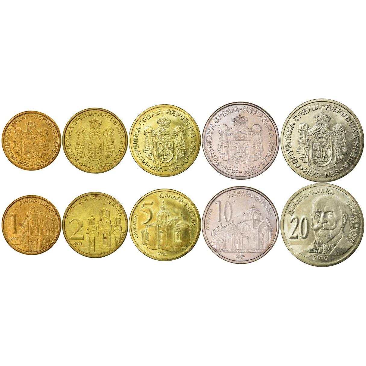 Serbia | 5 Coin Set | 1 Dinar 2 5 10 20 Dinars | 2005 - 2011