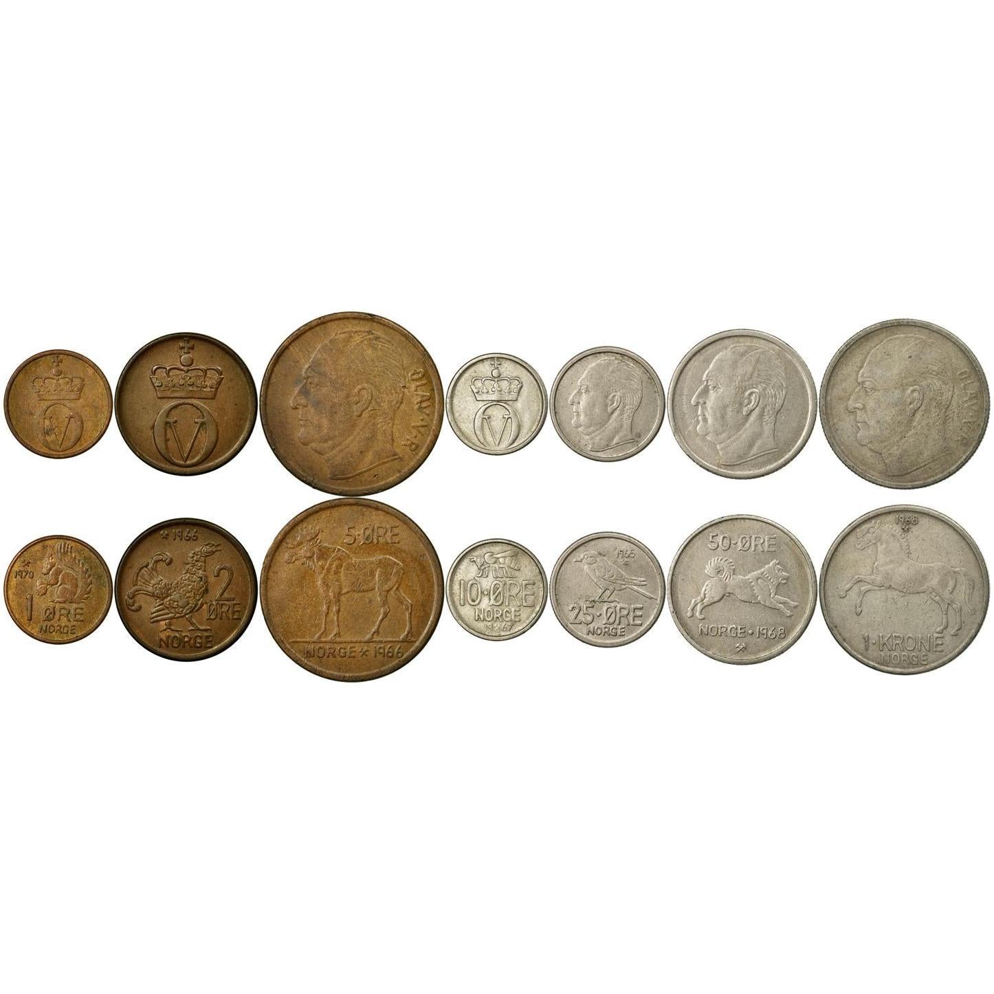 Norge 7 Myntset 1 2 5 10 25 50 Öre 1 Krona | Kung Olav V | Älg | Häst | Ripa | Talgoxe | Elghund | Bi | 1958 - 1973